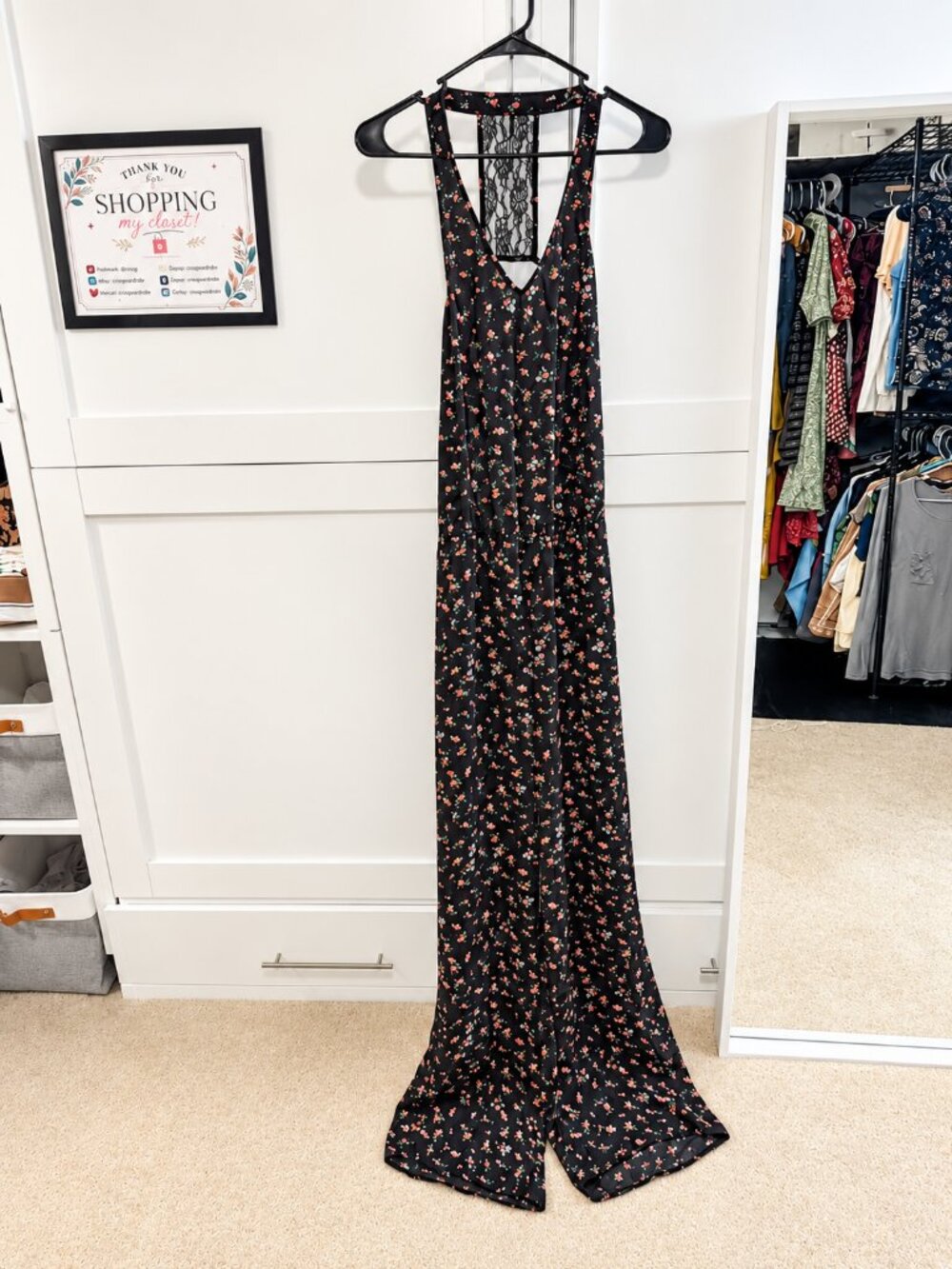 Women's Black Floral Wide Leg Jumpsuit | Lace Racerback | Tie Waist | Size Large